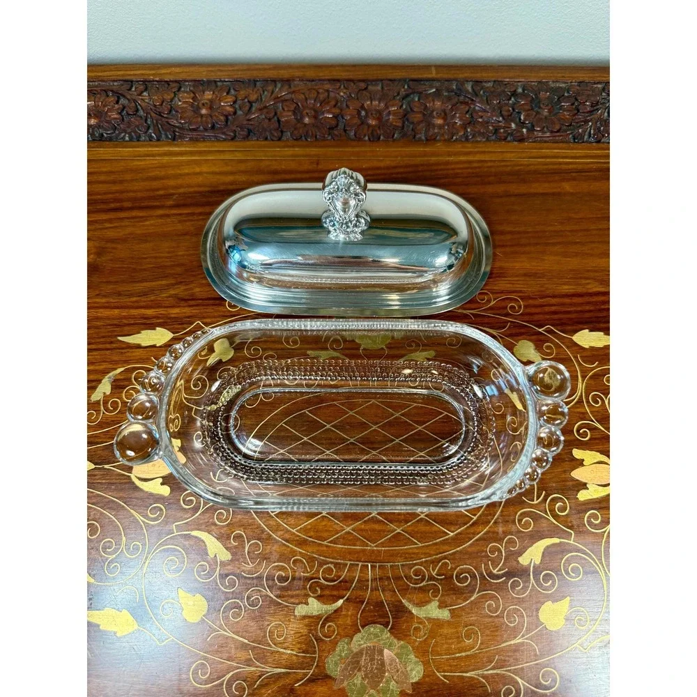 Vintage 1847 Rogers Bros Butter Dish •‎ Silverplate Lid & Pressed Glass Base